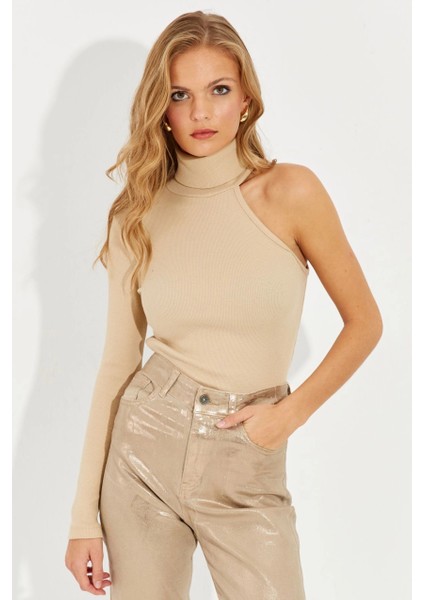 Kadın Vanilya Balıkçı Tek Kol Kaşkorse Bluz EY1118