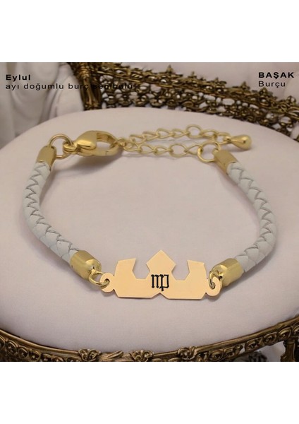 Eylül Ayı Doğumları İçin Doğal Siyah Derili Taç Figürlü 14 Ayar Altın Plakalı Hediye Bileklik-462AY