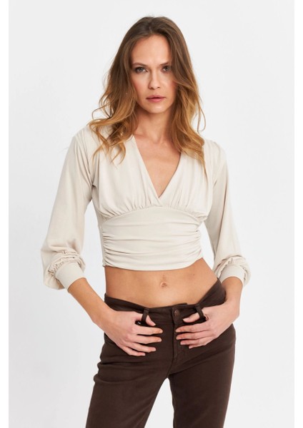 Kadın Vanilya V Yaka Büzgülü Crop Bluz SB309-90 fiyatları