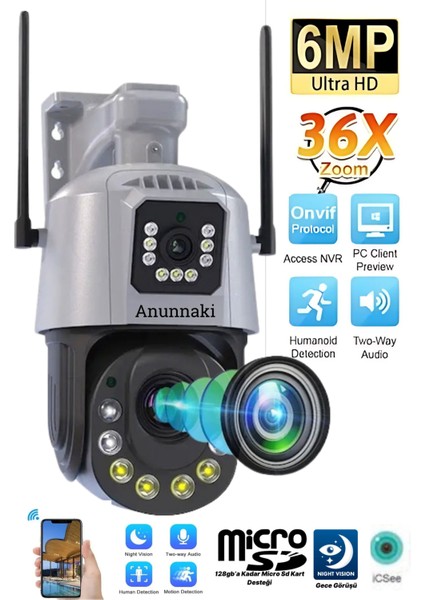 4K Wifi Güvenlik Kamerası – 36X Optik Zoom, Çift Lens, Gece Görüşlü, Alarmlı, Motorize Odaklama