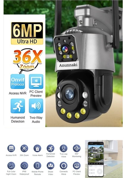 4K Wifi Güvenlik Kamerası – 36X Optik Zoom, Çift Lens, Gece Görüşlü, Alarmlı, Motorize Odaklama
