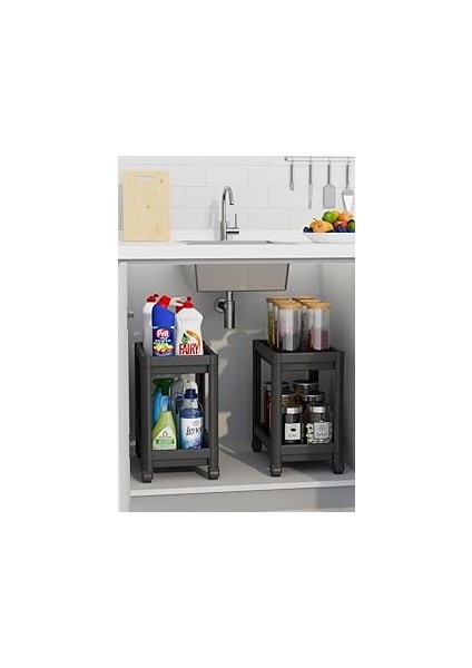 Mithra Life 2 Adet 2 Katlı Tekerlekli Tezgah Altı Siyah Banyo Mutfak Rafı MIT1122