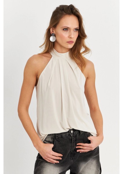 Kadın Taş Halter Yaka Desenli Bluz LPP1273