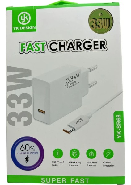 Yk Desing Type-C 33W (Watt) Turbo Hızlı Şarj Cihazı Adaptörü ve Kablosu (Kutulu Set) YK-SR68 modelleri