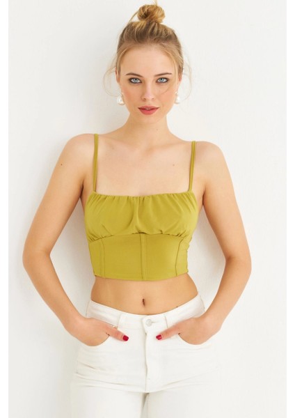 Kadın Yağ Yeşili Crop Bluz ZH259