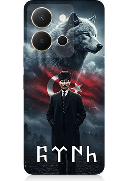 Vivo Y36 Uyumlu Gölgede Kurt ve Atatürk Desenli Silikon Kılıf