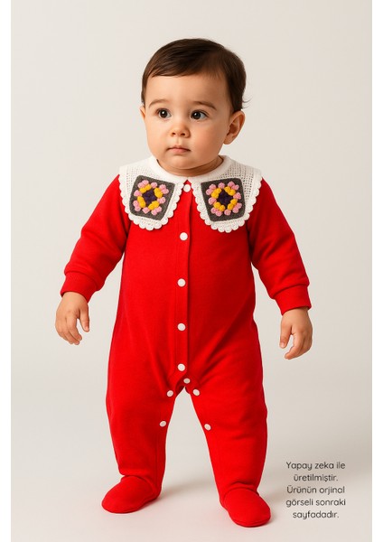 Kız Bebek Patikli Tulum - Örgü Yaka Detaylı Düğmeli Kırmızı Tulum