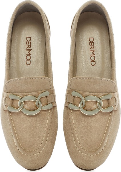 Kadın Bej Süet Deri Maskülen Loafer 25SFD130310