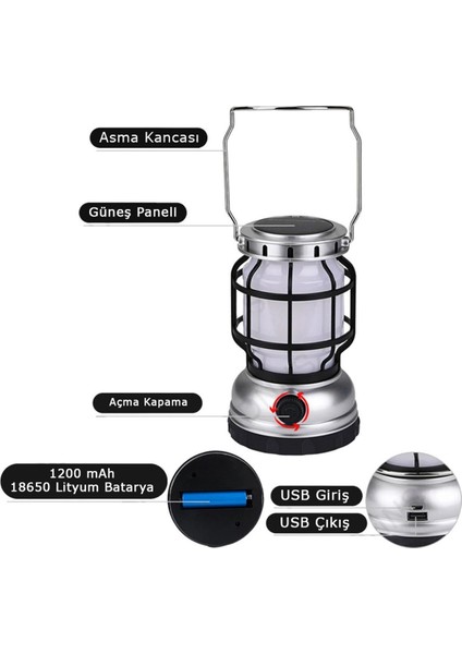 Güneş Enerjili Şarjlı Solar Kamp Lambası Ledli Su Geçirmez Asılabilir El Feneri Powerbank 1200 Mah fırsatları