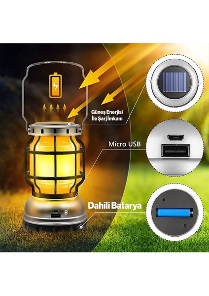 Güneş Enerjili Şarjlı Solar Kamp Lambası Ledli Su Geçirmez Asılabilir El Feneri Powerbank 1200 Mah