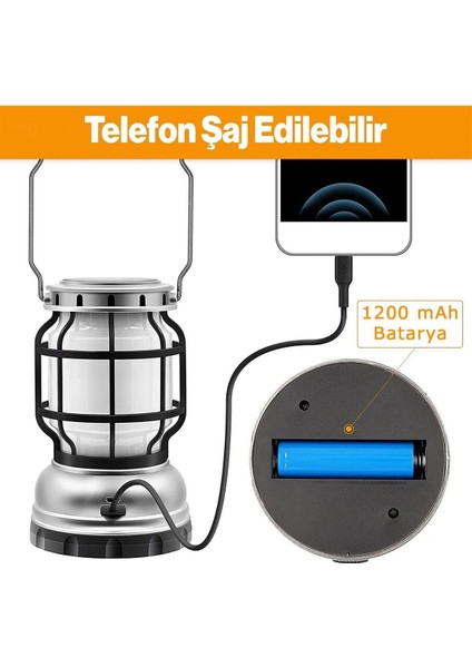 Güneş Enerjili Şarjlı Solar Kamp Lambası Ledli Su Geçirmez Asılabilir El Feneri Powerbank 1200 Mah