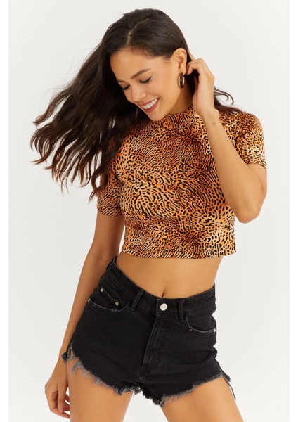 Kadın Turuncu Yarım Balıkçı Leopar Desen Bluz LPP1208 fiyatları