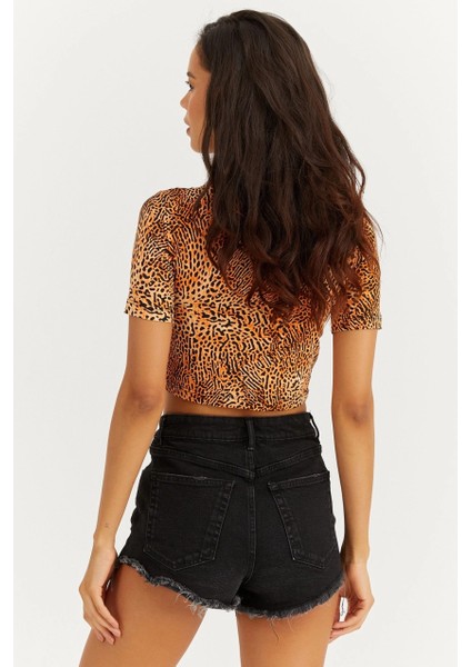 Kadın Turuncu Yarım Balıkçı Leopar Desen Bluz LPP1208 modelleri