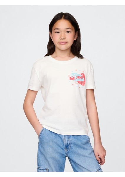 Kız Çocuk Beyaz Grafik Baskılı T-Shirt