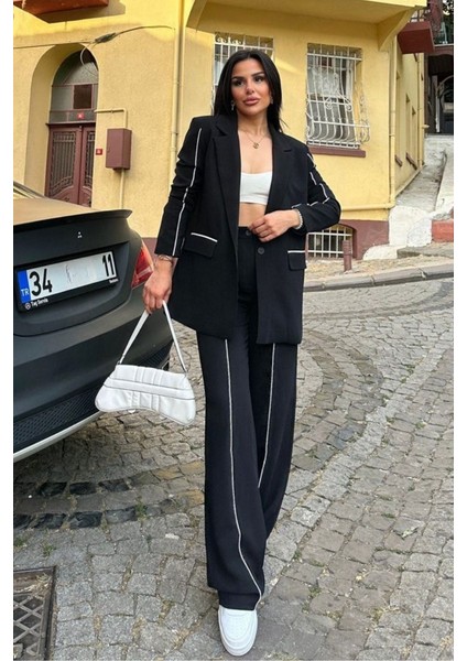 Kadın Alt Üst Ikili Takım Biye Detaylı Blazer Ceket Panolon Takım