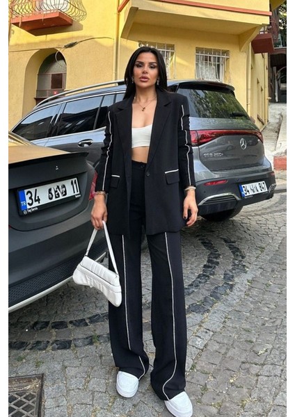 Kadın Alt Üst Ikili Takım Biye Detaylı Blazer Ceket Panolon Takım fırsatları