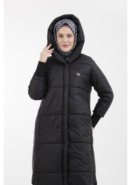 Trend Kapüşonlu Cep Detaylı Kapitone Oversize Siyah Kaban 22KT709 indirimleri