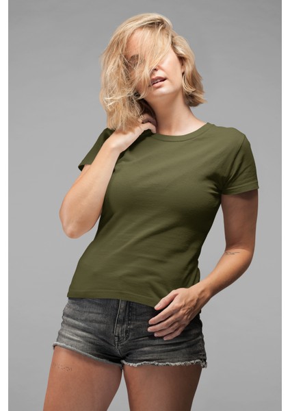 Kadın Regular Slim Fit Bisiklet Yaka Basic Haki Tişört / Normal Kesim T-Shirt