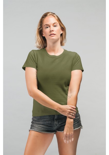 Kadın Regular Slim Fit Bisiklet Yaka Basic Haki Tişört / Normal Kesim T-Shirt modelleri
