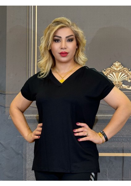 Tişört Pamuklu V Yaka Siyah Desenli Omuzlar Günlük Yazlik Kadın Kısa Kollu fiyatları