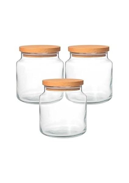 Şaki̇lata Concept 3'lü Kapaklı Kavanoz - Orta Boy - Zarif Cam Ahşap Kapaklı Cam Kavanoz Şeffaf