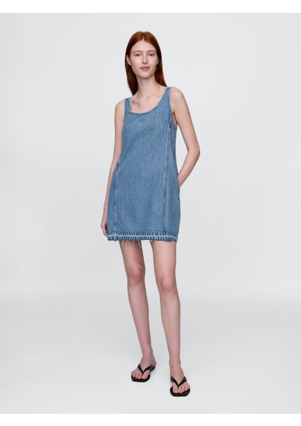 Kadın Denim Mavi Ultrasoft Denim Logo Mini Elbise