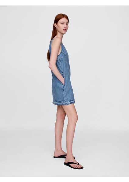 Kadın Denim Mavi Ultrasoft Denim Logo Mini Elbise fırsatları