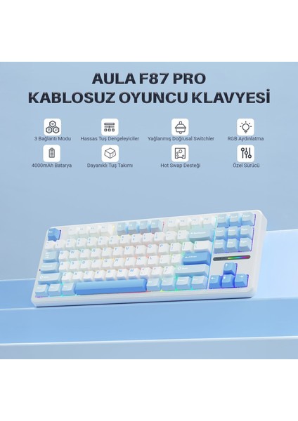 F87 Pro Mekanik Rgb Tkl Graywood V3 Switch Kablosuz Makrolu Hot Swap Klavye Buz Mavi