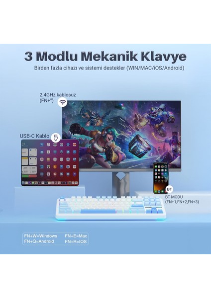 F87 Pro Mekanik Rgb Tkl Graywood V3 Switch Kablosuz Makrolu Hot Swap Klavye Buz Mavi