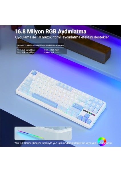 F87 Pro Mekanik Rgb Tkl Graywood V3 Switch Kablosuz Makrolu Hot Swap Klavye Buz Mavi
