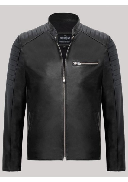 Hakiki Deri Hakiki Deri Siyah Erkek Deri Mont Fermuarlı 3 Cepli Omuz Işlemeli Deri Ceket