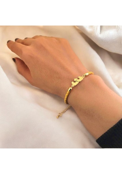 Ç Harfine Özel Altın Rengi Derili Taç Motifli 14 Ayar Altın Plakalı Hediye Bileklik-463Harf