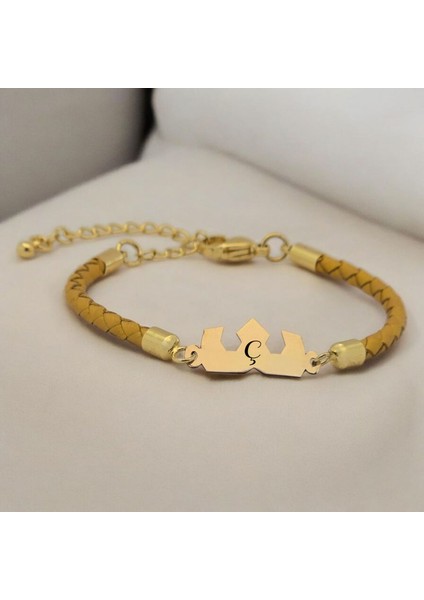 Ç Harfine Özel Altın Rengi Derili Taç Motifli 14 Ayar Altın Plakalı Hediye Bileklik-463Harf fiyatları