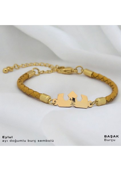 Başak Burçlarına Özel Altın Rengi Derili Taç Motifli 14 Ayar Altın Plakalı Hediye Bileklik-463BURÇ fiyatları