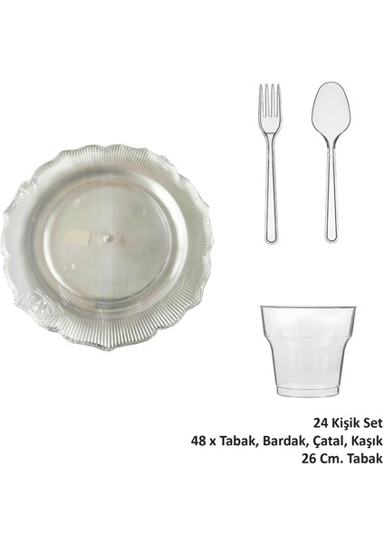 26 Cm. Plastik Mika Şeffaf Sorfa Piknik Seti - 48 Kişilik Tabak Bardak Çatal Kaşık Takımı fiyatları
