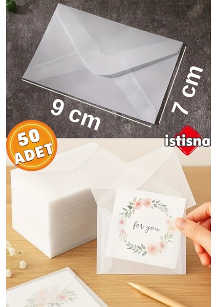 50 Adet Mini Şeffaf Zarf 7*9 cm Aydınger Zarf Transparan Zarf Kartvizit Düğün Davetiyeleri Zarfı