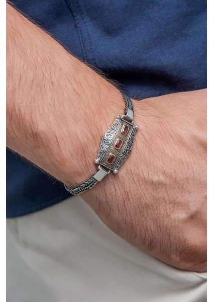 Kırmızı 3 Taşlı 925 Gümüş Erkek Bileklik Künye