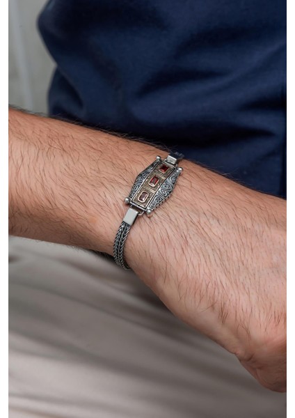 Kırmızı 3 Taşlı 925 Gümüş Erkek Bileklik Künye fiyatları