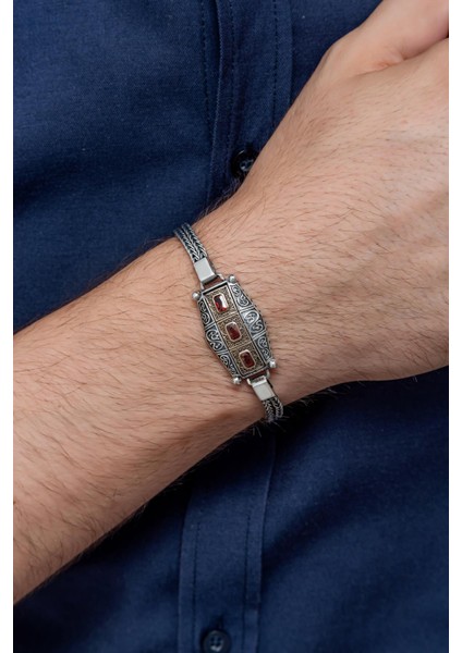 Kırmızı 3 Taşlı 925 Gümüş Erkek Bileklik Künye modelleri