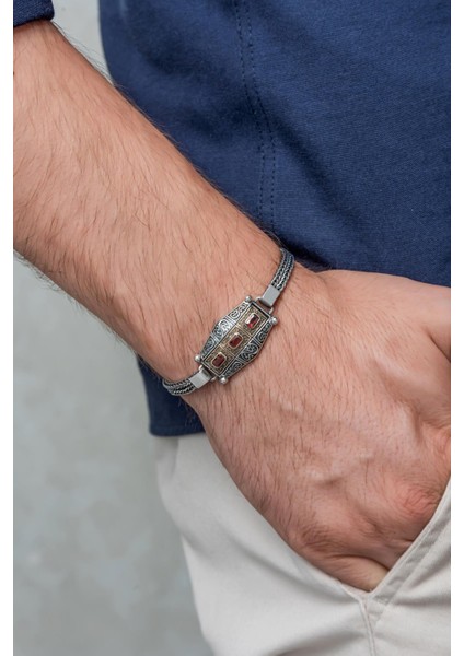 Kırmızı 3 Taşlı 925 Gümüş Erkek Bileklik Künye fırsatları