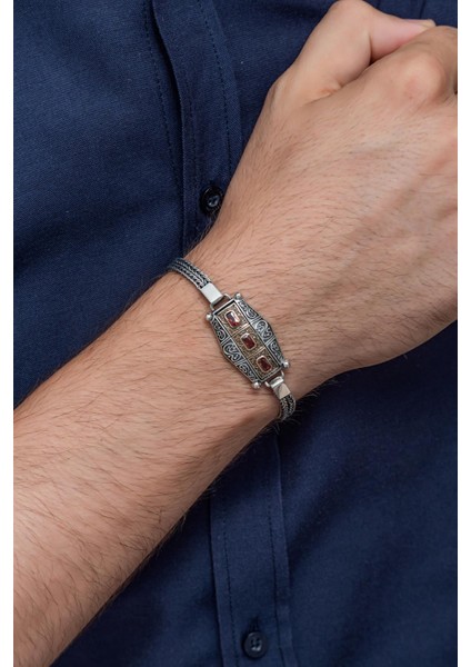 Kırmızı 3 Taşlı 925 Gümüş Erkek Bileklik Künye indirimleri