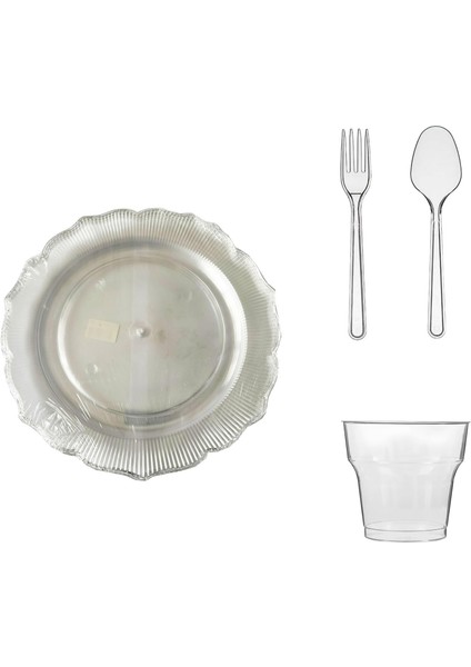 23 Cm. Plastik Mika Şeffaf Sorfa Piknik Seti - 48 Kişilik Tabak Bardak Çatal Kaşık Takımı