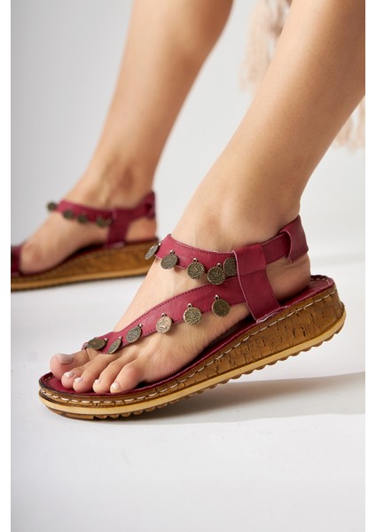 Hakiki Deri Lilah Bordo Antik Detaylı Sandalet