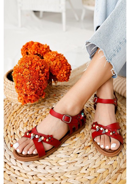 Hakiki Deri Alize Kırmızı Boncuk ve Yaprak Detaylı Sandalet fiyatları