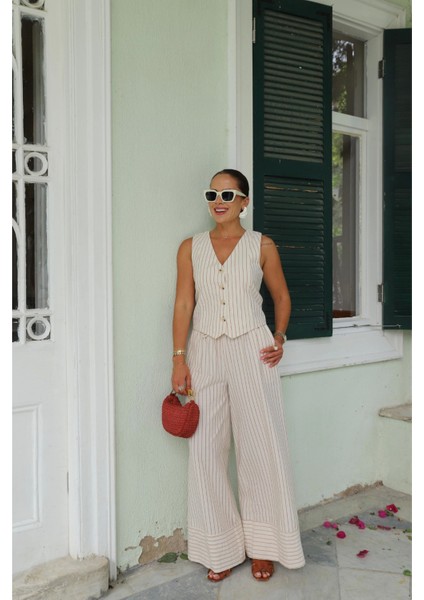 Ekru Keten Çizgili Yelek Pantolon Takım