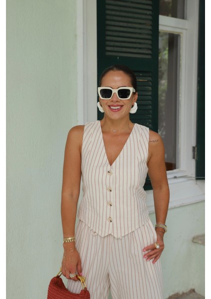 Ekru Keten Çizgili Yelek Pantolon Takım fiyatları