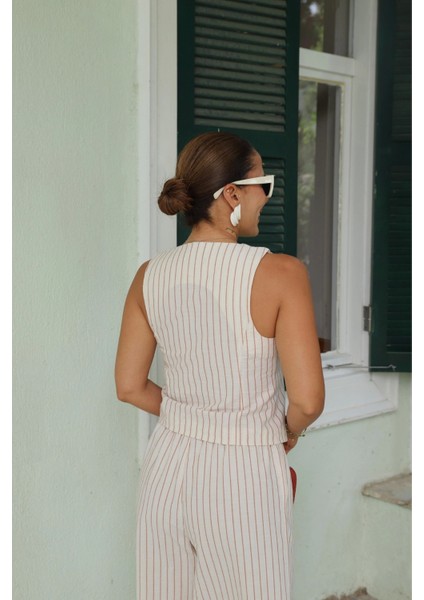 Ekru Keten Çizgili Yelek Pantolon Takım modelleri