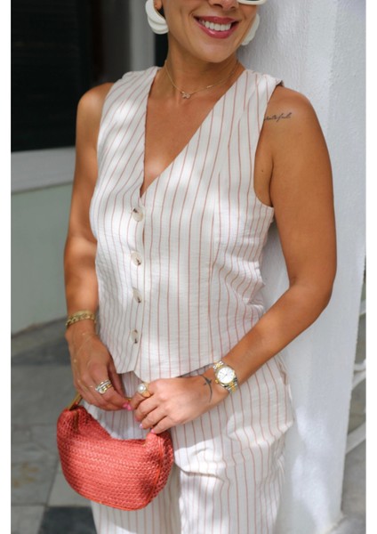 Ekru Keten Çizgili Yelek Pantolon Takım fırsatları