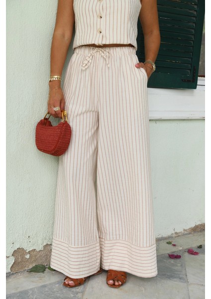 Ekru Keten Çizgili Yelek Pantolon Takım indirimleri