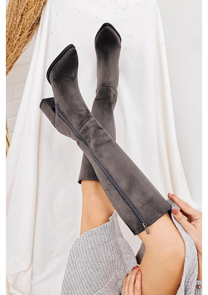 Tatum Gri Sivri Burunlu Orta Topuklu Çizme modelleri